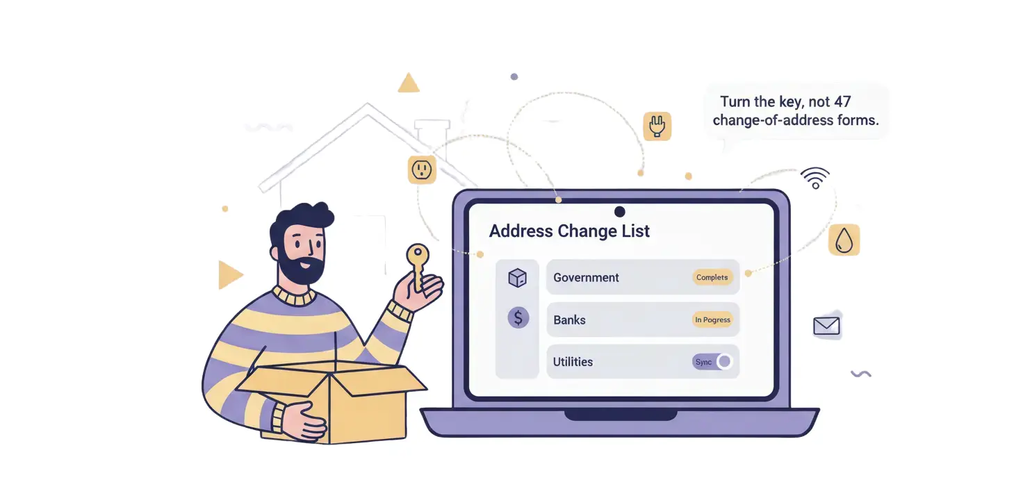 In The Event Of app interface showing moving home checklist with digital footprints, priority services, and progress tracking